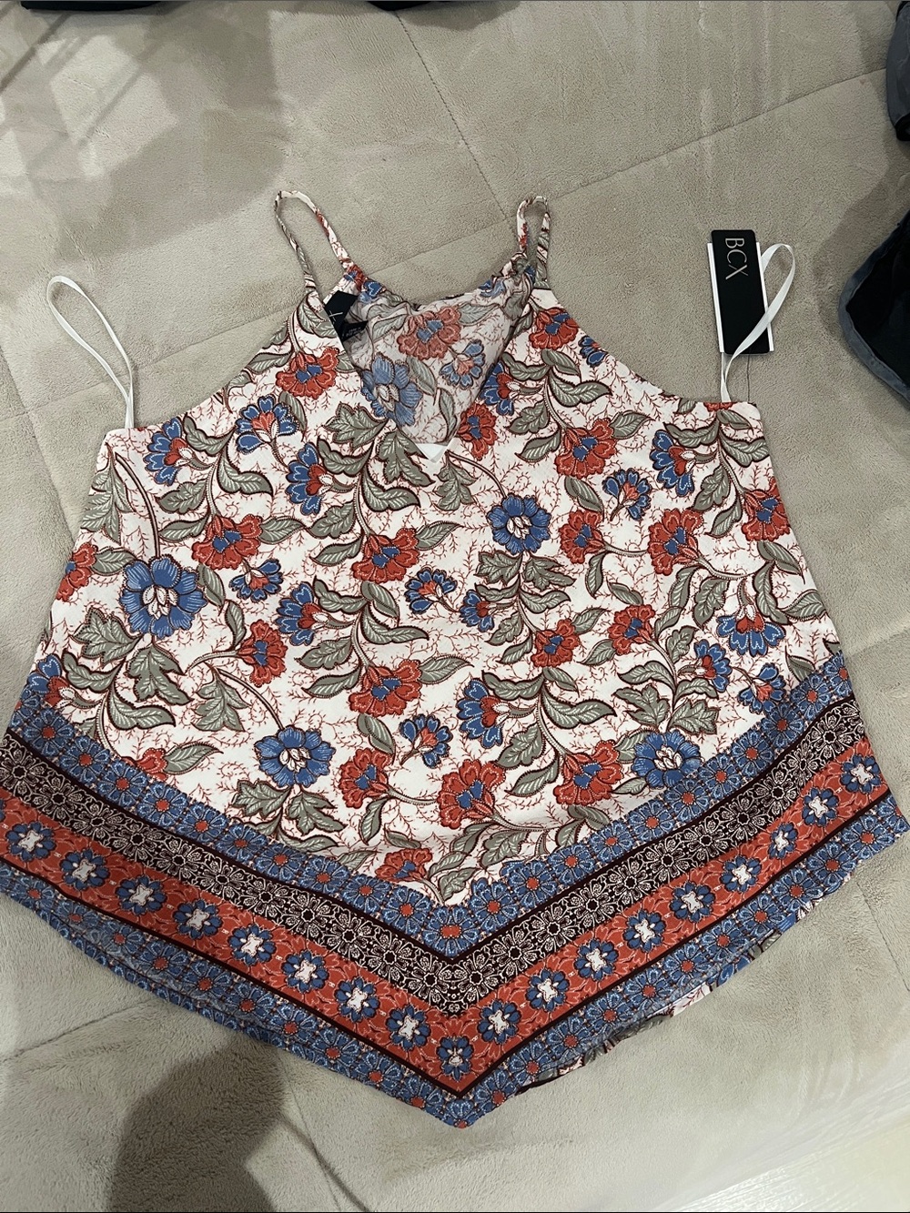BCX Floral Handkerchief Hem Cami - Cream, Red & Blue